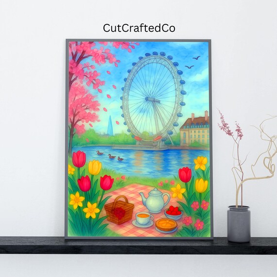 London Eye Spring Watercolor Tulips Cherry Blossom Thames Scene Poster