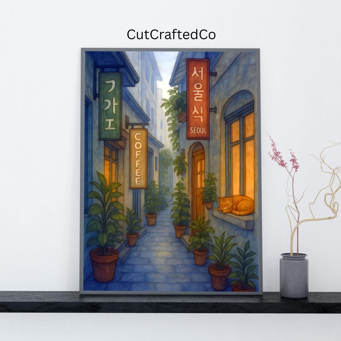 Seoul Café Alley Watercolor Cat and Coffee Shop Décor Poster