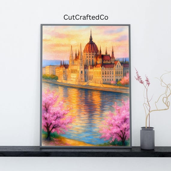 Budapest Parliament Watercolor Print Hungary Cityscape Wall Art Cherry Blossom River Scene Travel Poster