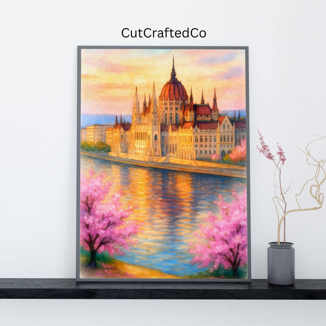 Budapest Parliament Sunset Watercolor Cherry Blossom River Poster