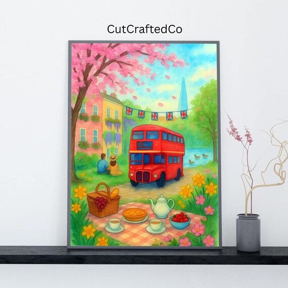 Hyde Park Picnic London Spring Watercolor Red Bus Cherry Blossom Poster