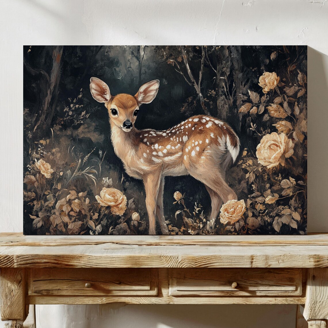 Spotted Fawn In Dark Forest With Golden Roses Artwork Poster