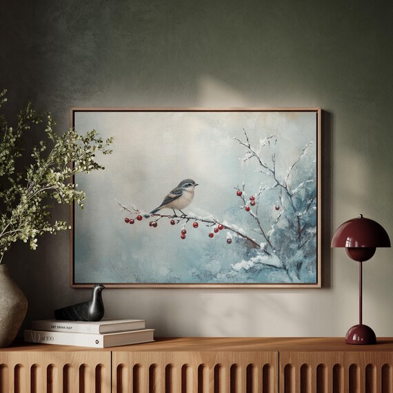 Winter Bird On Snowy Berry Branch With Red Berries Nature Poster