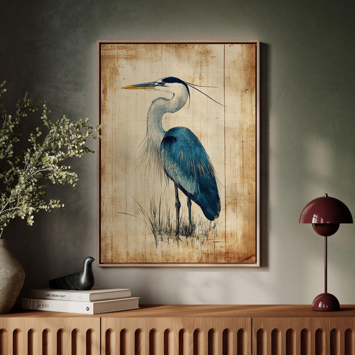 Blue Heron Rustic Coastal Bird Art Print