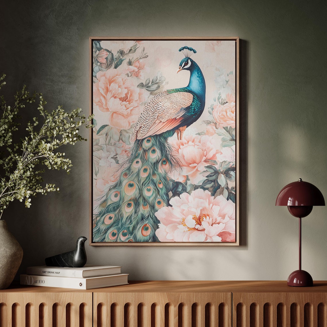 Elegant Peacock Pink Peonies Vibrant Floral Standing Bird Wall Art