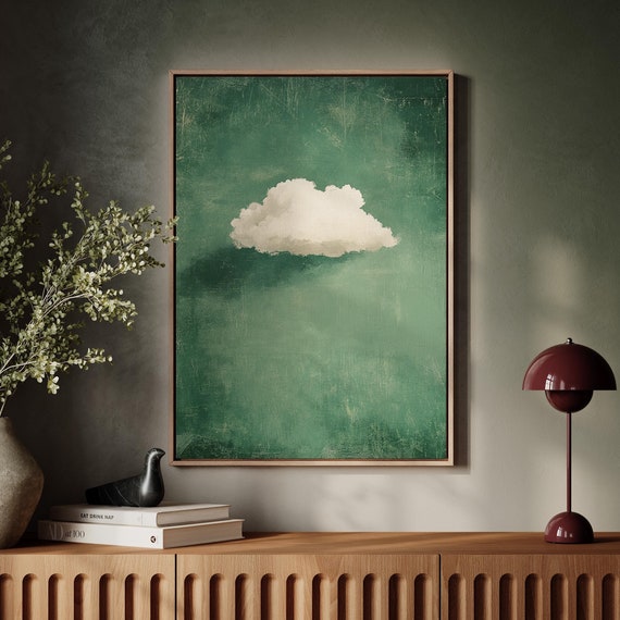 Minimalist White Cloud On Green Art Modern Abstract Nature Inspired Wall Decor For Calm And Contemporary Spaces