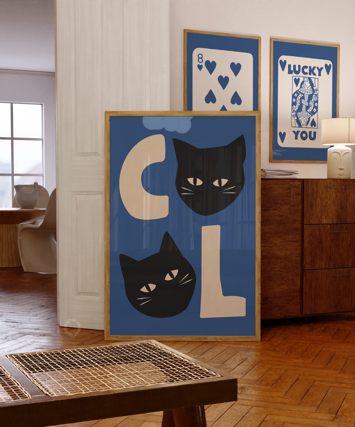 Cool Blue Background Black Cat Heads Letter Typography Poster