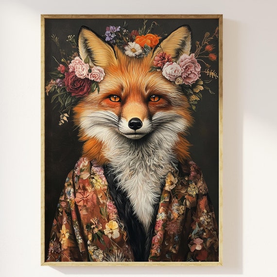Fashionista Fox Art Print, Maximalist Eclectic Floral