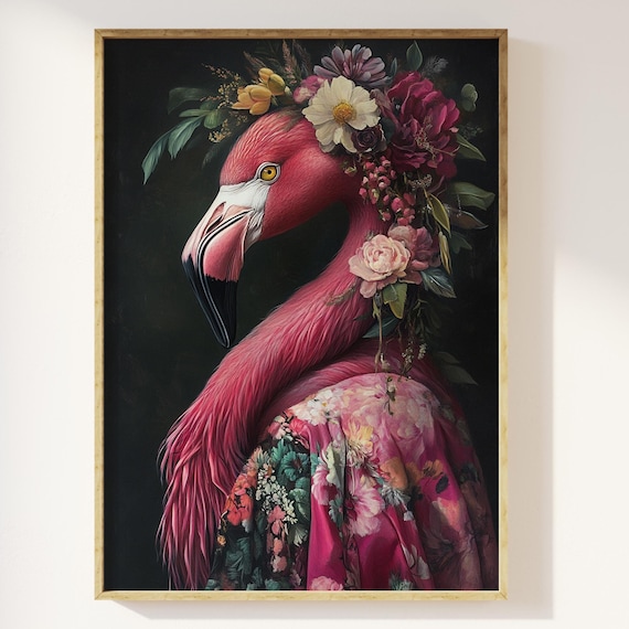 Flamingo Art Print, Maximalist Eclectic Floral Portrait