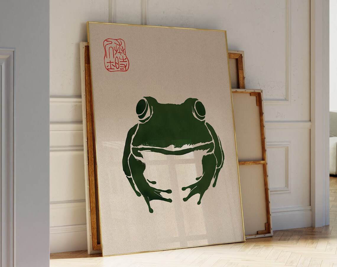 Japanese Woodblock Frog Front View Red Seal Minimalist Poster