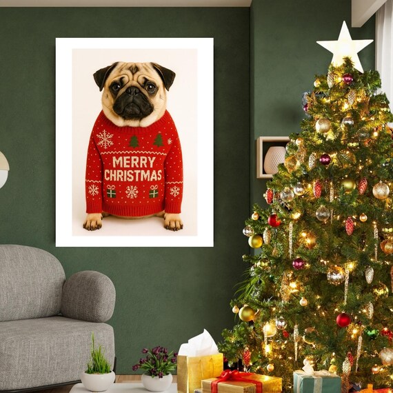 Fawn Pug Merry Christmas Poster Red Sweater Festive Dog Mom Gift