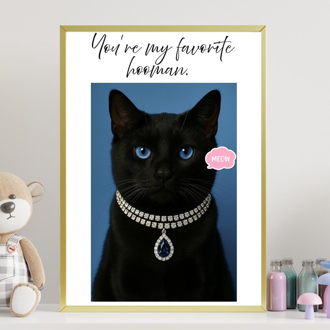 Favorite Hooman Blue Background Black Cat Jewelry Portrait Poster