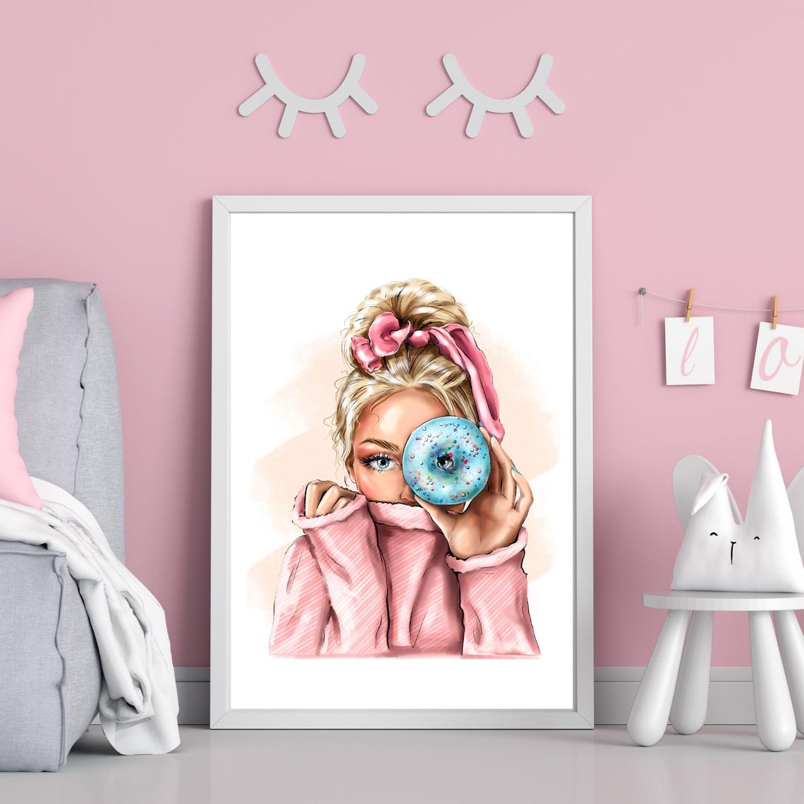 Donut Girl Poster Blonde Girl Illustration Girly Wall Art Teen Girl Bedroom Decor Feminine Home Wall Decor Watercolor Print - Image 2