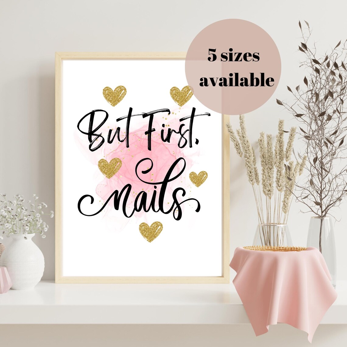 But First Nails Gold Glitter Hearts Nail Salon Quote Poster Pink Decor - Image 3