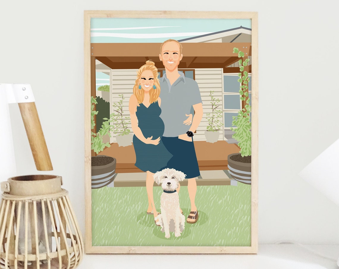 Custom Illustrated Portrait of a Couple in Front of Green House Poster - Image 3