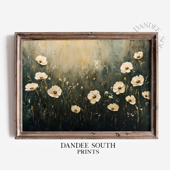 White Wildflowers Oil Painting Moody Botanical Farmhouse Style Wall Art