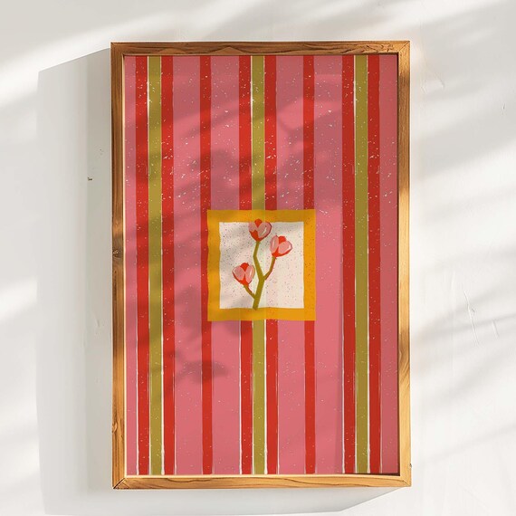 Floral Art Print Pink And Green Wall Retro Striped Poster Maximalist Eclectic Home Decor Bold Dopamine