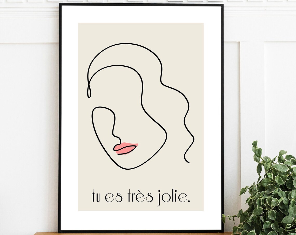 French Woman One Line Drawing Portrait Tu Es Très Jolie Poster