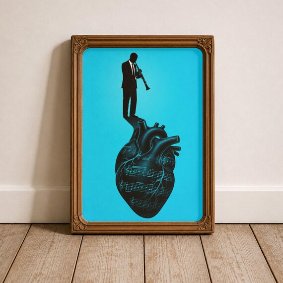 Vintage Jazz Heart Wall Art Retro Music Poster Abstract Musician Print