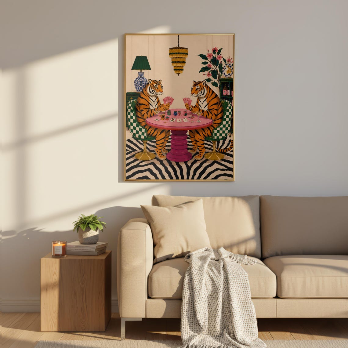 Tigers Playing Poker Maximalist Pink Casino Card Game Art Poster