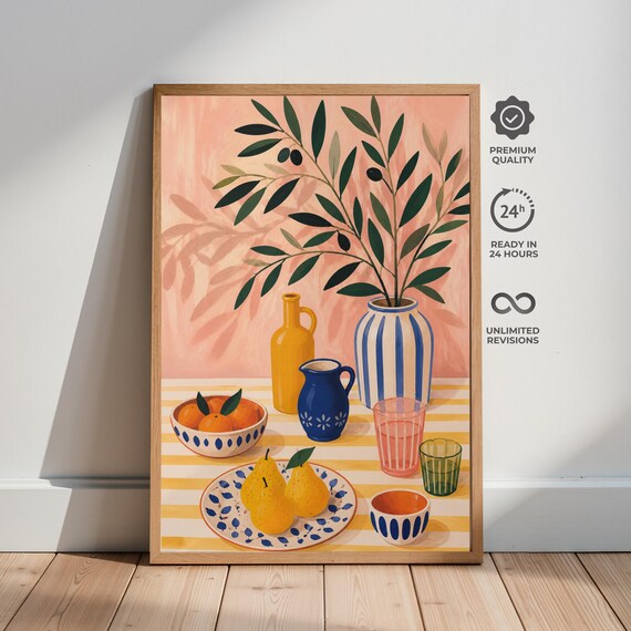 Mediterranean Still Life Olive Branch Lemons Ceramic Table Poster