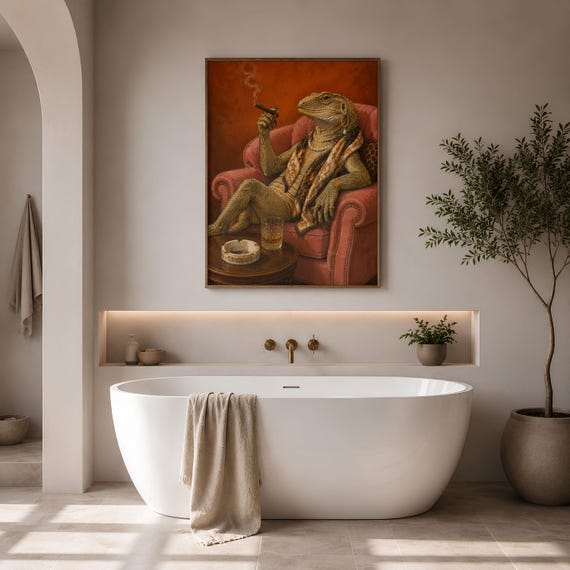 Luxury Lizard Smoking Poster, Maximalist Lounge Decor