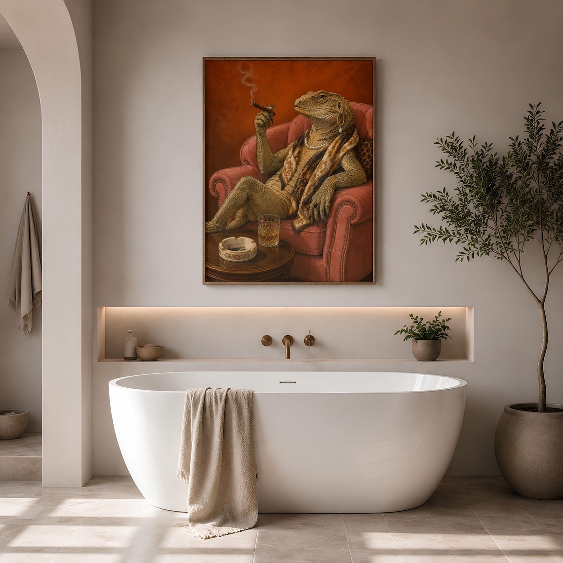 Luxury Lizard Smoking Poster, Maximalist Lounge Decor