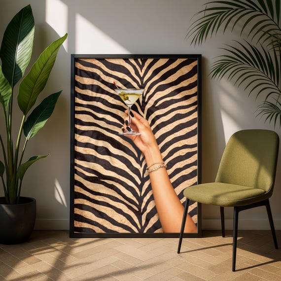 Zebra Print Martini Poster Glam Girly Cocktail Wall Art Luxury Animal