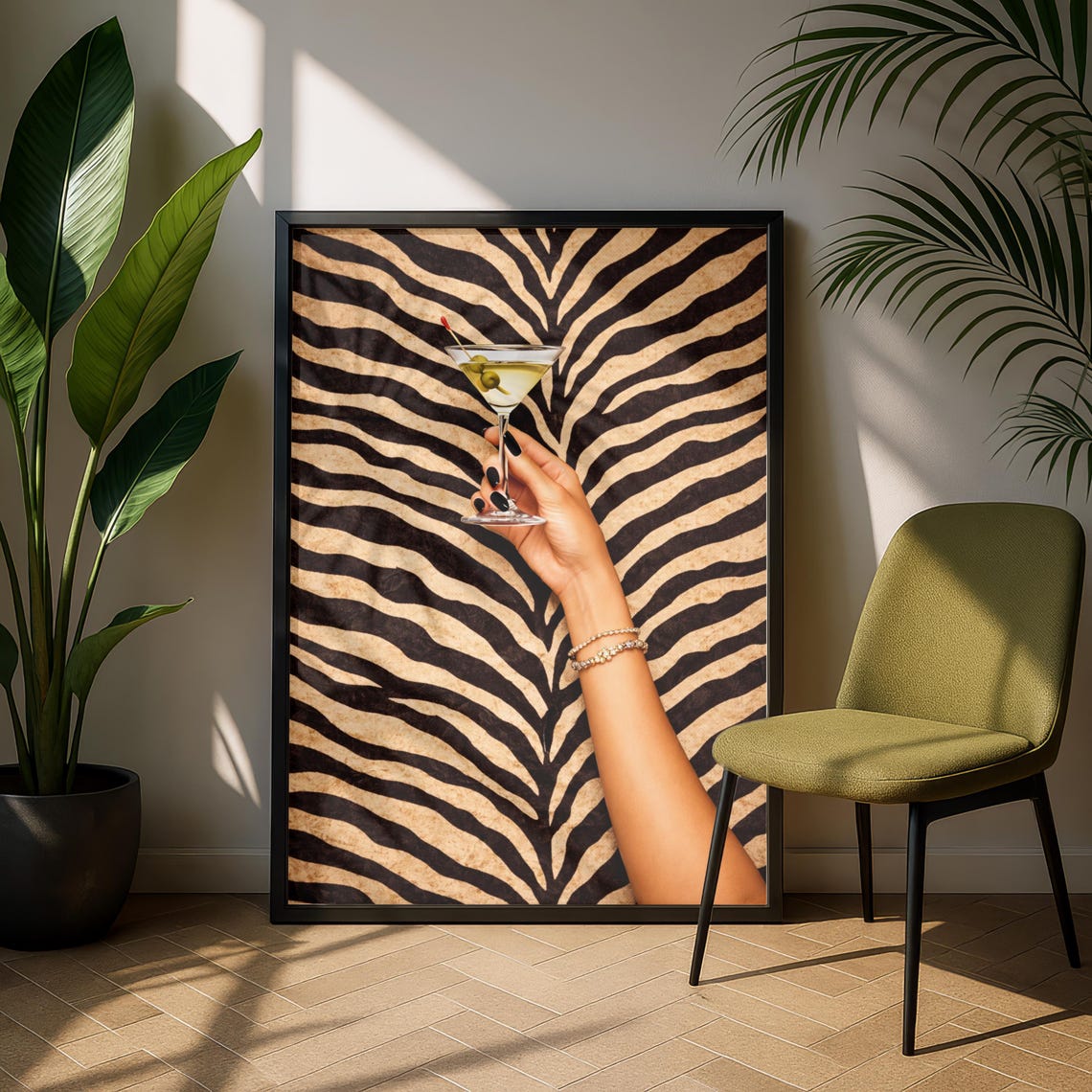 Glam Zebra Martini Cocktail Glass Chic Girly Bar Cart Poster