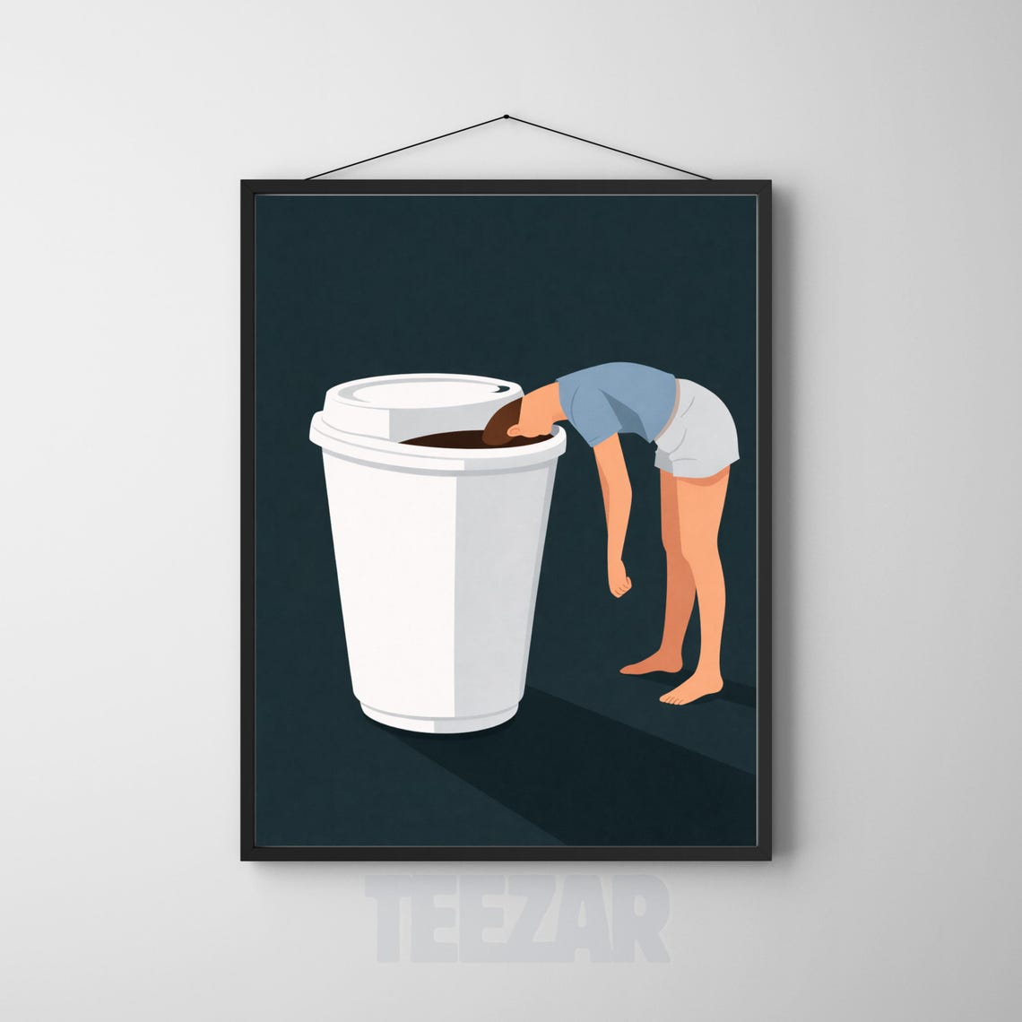 Funny Person Drinking From Giant Coffee Cup Surreal Minimal Poster