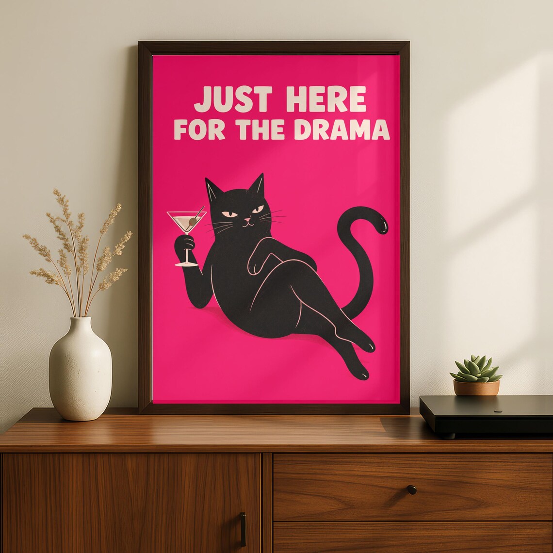 Sassy Cat Cocktail Art Print, Pink Drama