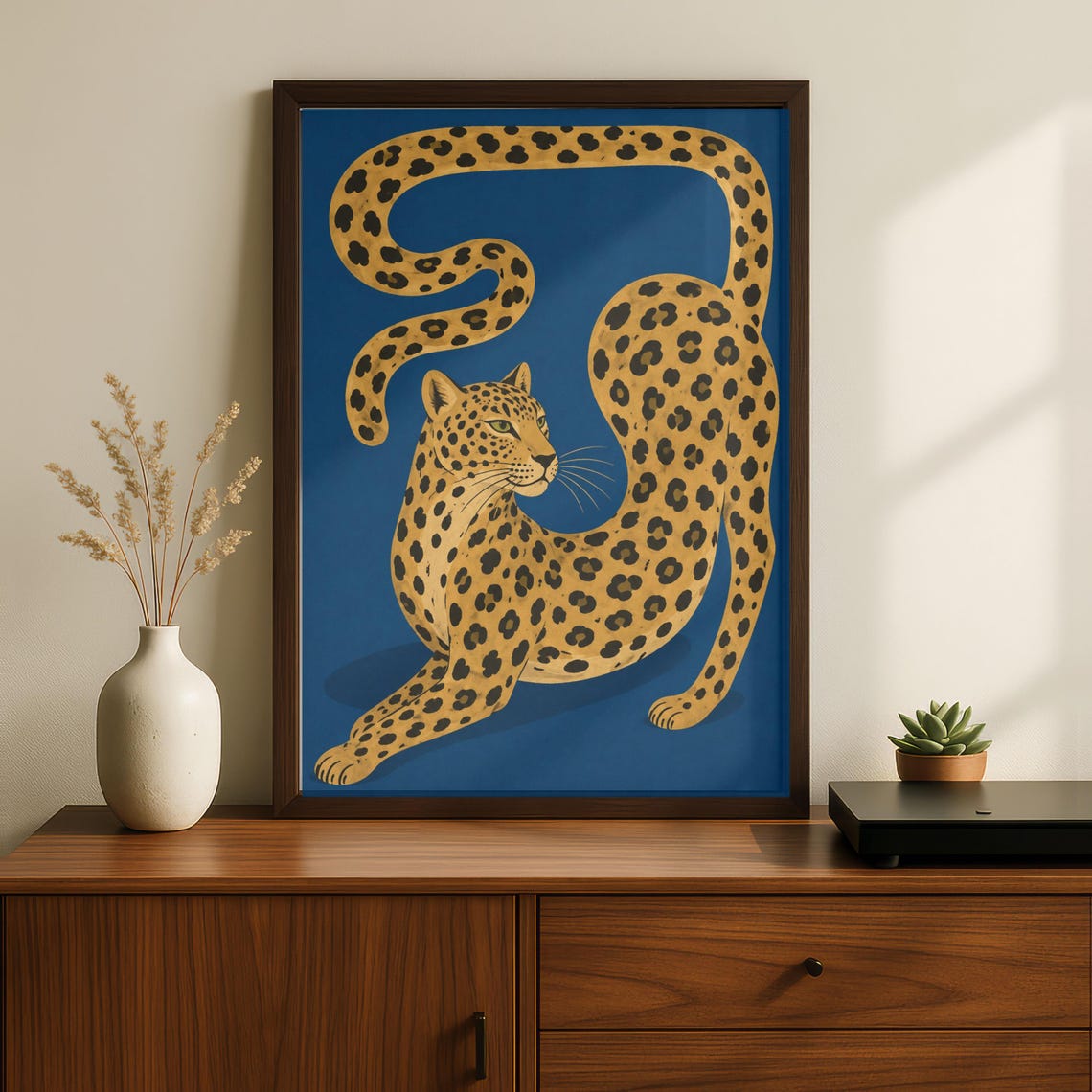 Modern Leopard Wall Art Contemporary Safari Animal Poster Bold Blue Big Cat Print