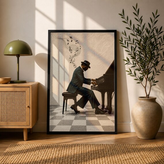 Jazz Pianist Black Grand Piano Teal Suit Retro Music Art Poster