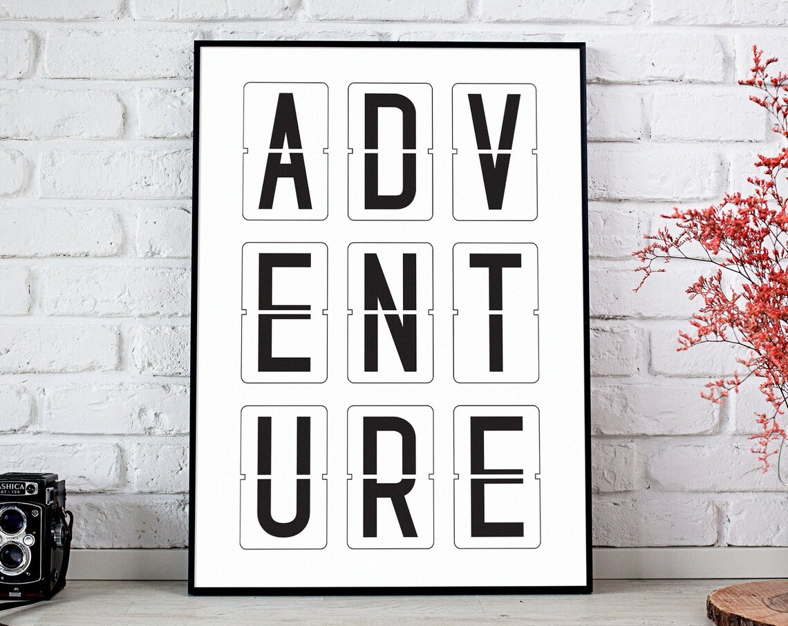 Adventure Split Flap Departure Board Black Typography Quote Poster