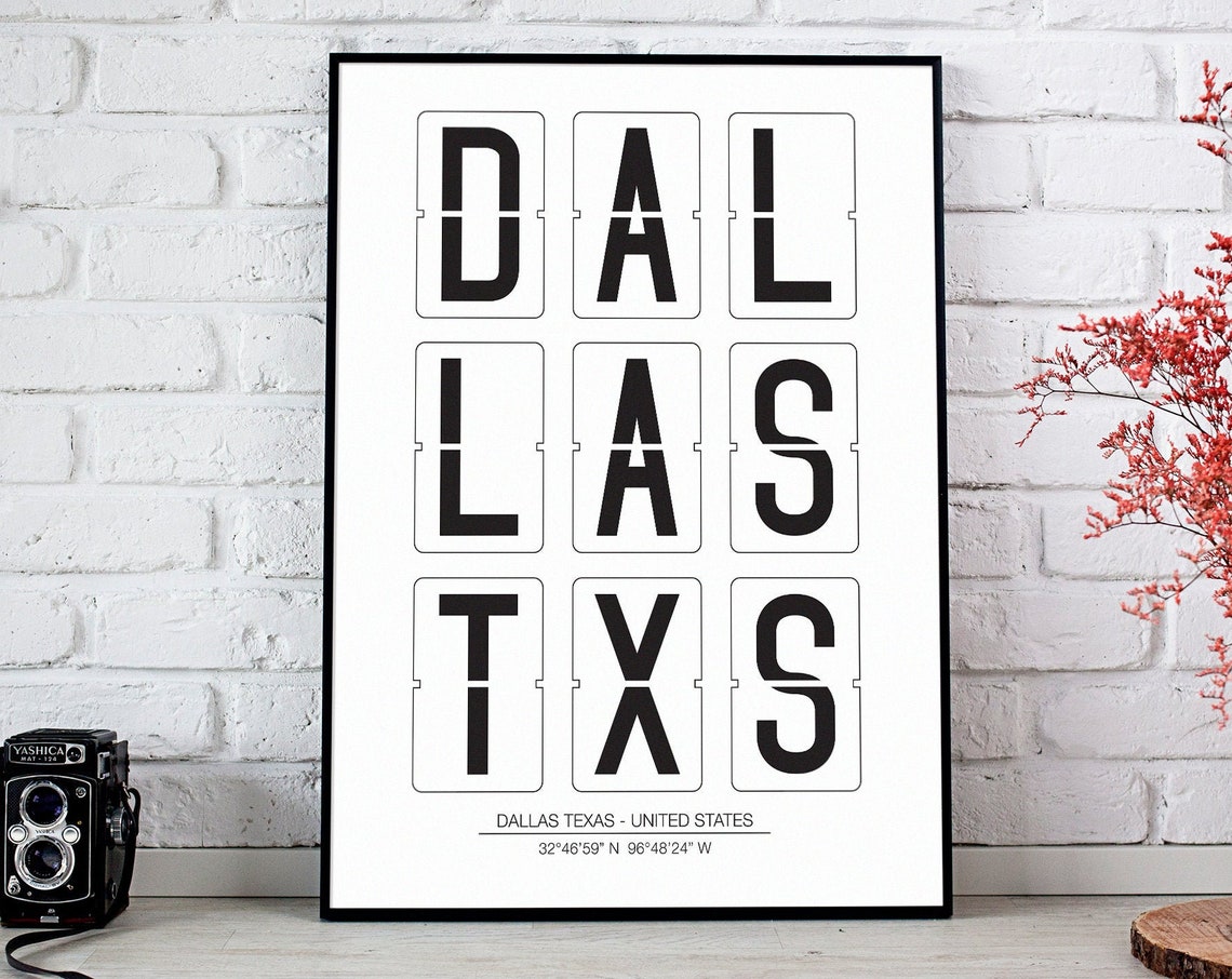 Dallas Texas Split Flap Departure Board Coordinates City Poster