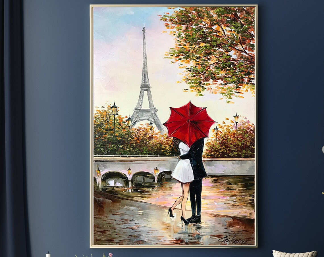 Couple Kissing Under Red Umbrella Painting Romantic Wall Art For Bedroom Lovers Painting Romance Artwork Paris Scenery Autumn Oil Painting - Image 3