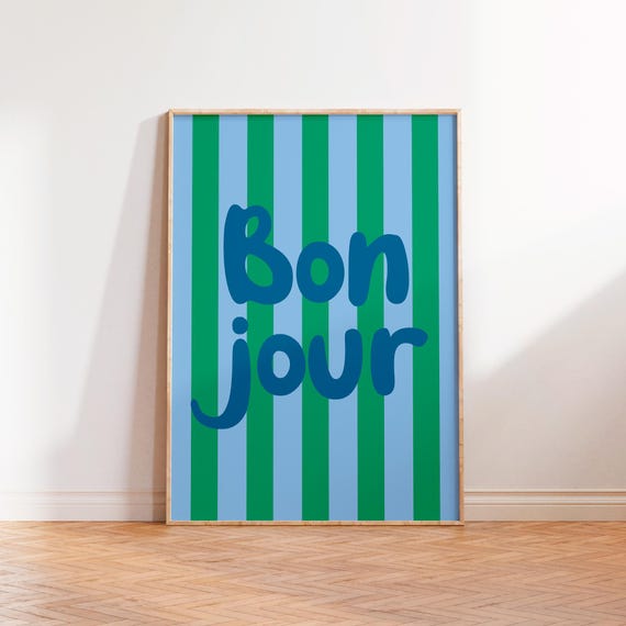 Bonjour French Print Typography Print Fun Bold Trendy Retro Colourful Striped Print Good Morning Hello Hi Print Hallway Entrance Decor