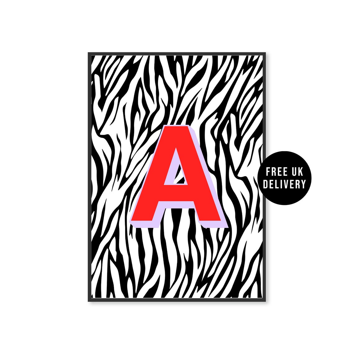 Personalised Initial Letter A Red on Zebra Pattern Alphabet Poster