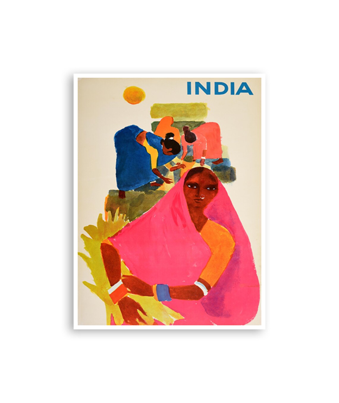 India Women Harvest Sun Abstract Modernist Folk Art Travel Poster