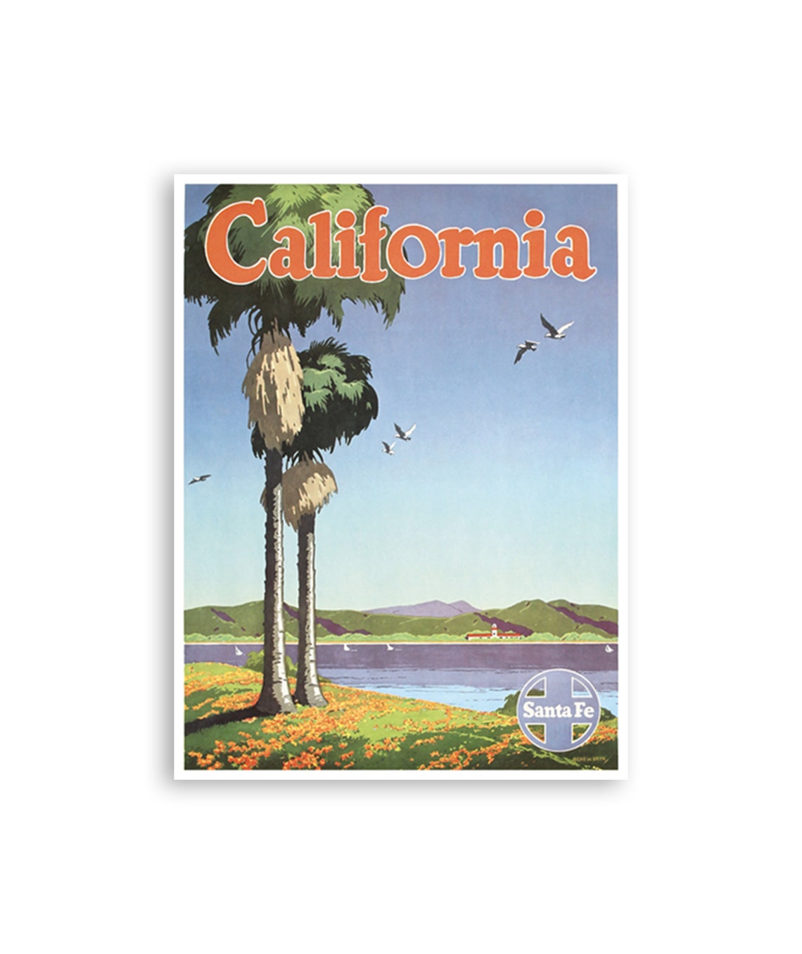 California Santa Fe Railway Poster Palm Trees Wildflowers Retro Art