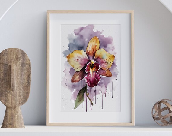 Gold Magenta Orchid Watercolor Exotic Bloom Purple Splash Art Poster