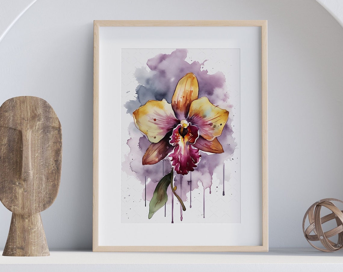 Gold Magenta Orchid Watercolor Exotic Bloom Purple Splash Art Poster