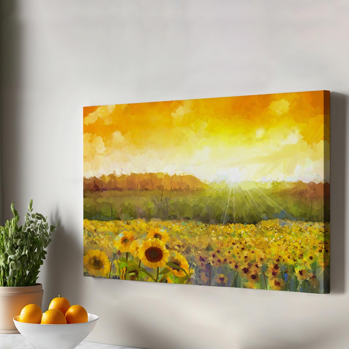 Sunflower Field at Sunrise Oil Painting Style Golden Glow Poster