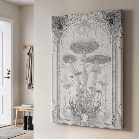 Mushroom Sketch Canvas Art Detailed Black And White Line Drawing Of Mushrooms Botanical Wall Decor Vintageinspired Nature Artwork