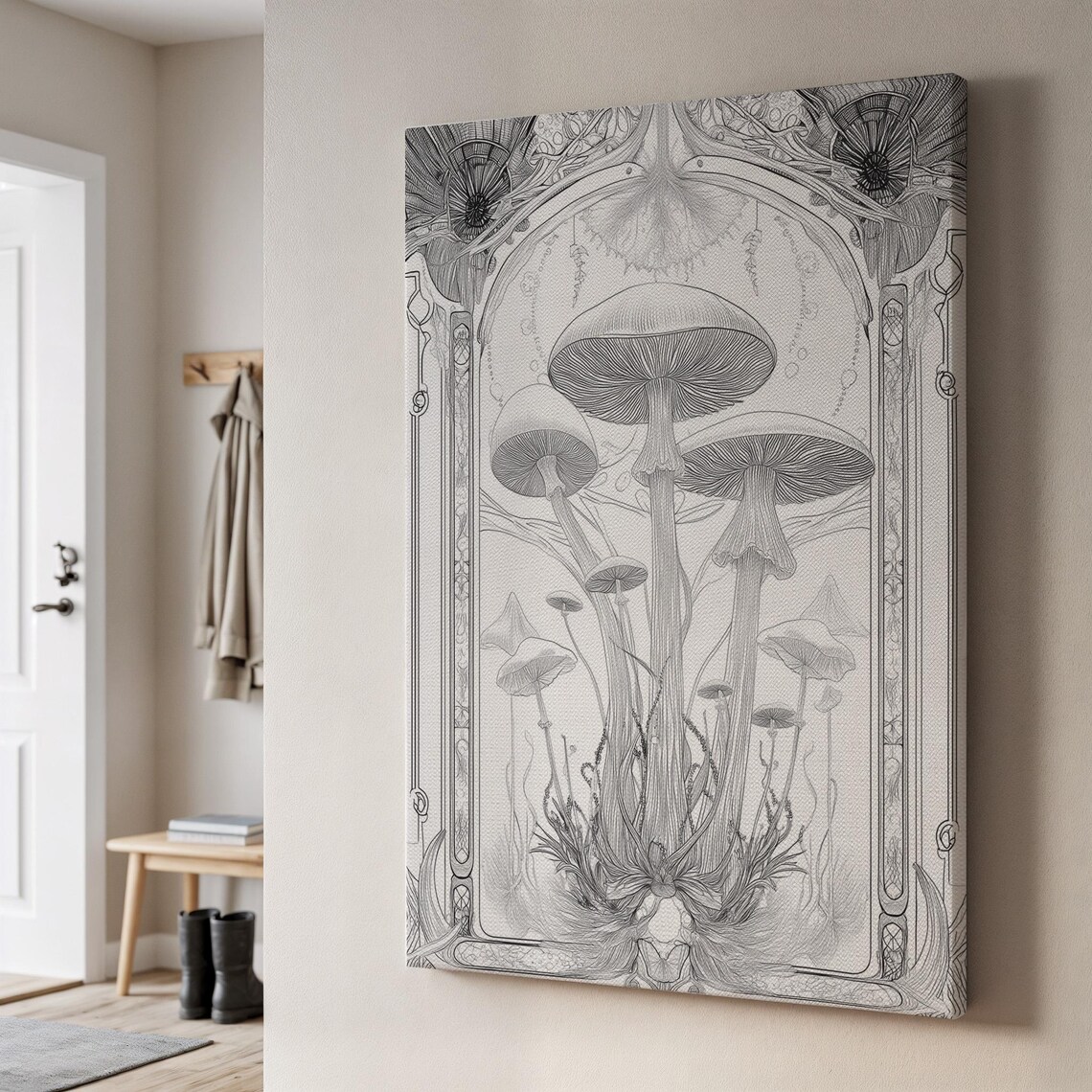 Art Nouveau Mushroom Sketch Ornate Botanical Monochrome Drawing Poster
