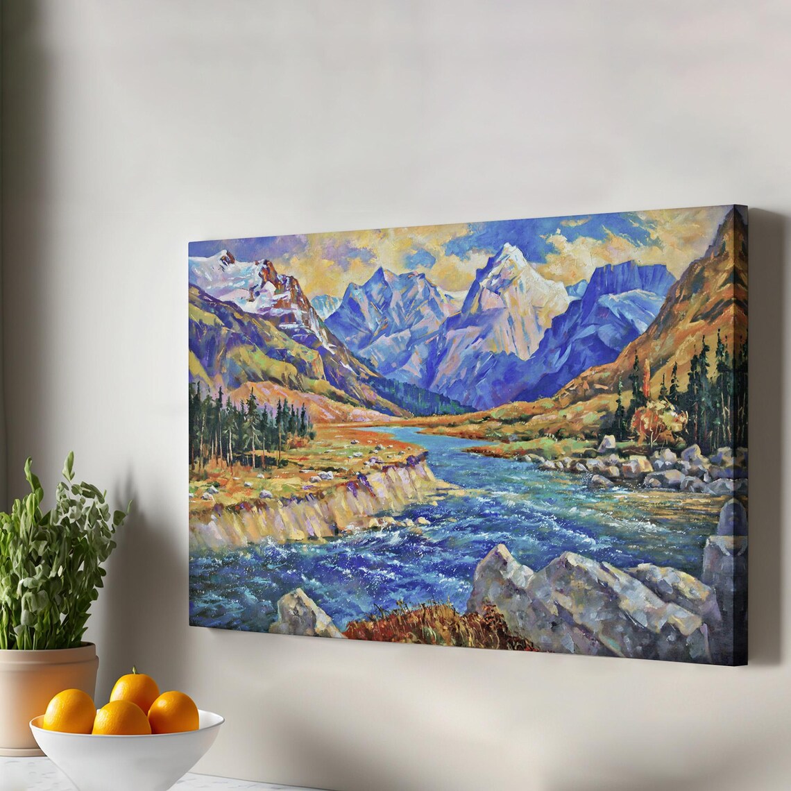 Snow Capped Mountain River Valley Oil Painting Golden Autumn Forest Wall Art