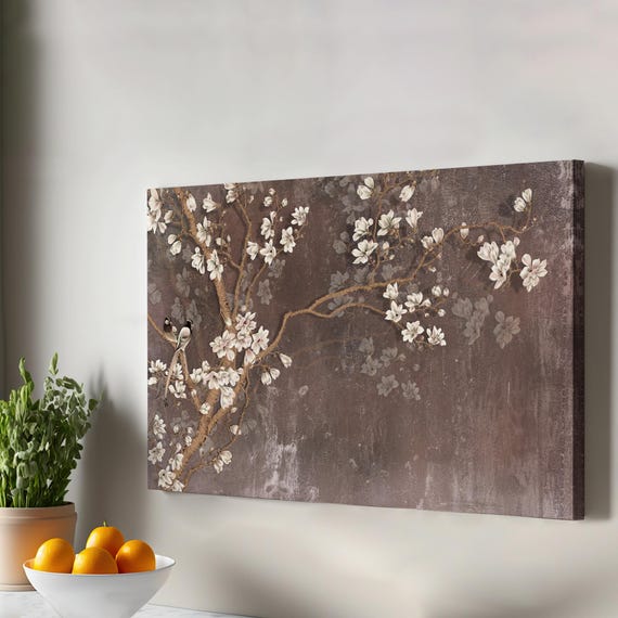 White Flowers On A Tree Oil Painting Look Decorative Canvas Wall Art Abstract Print Framed Housewarming Gifts