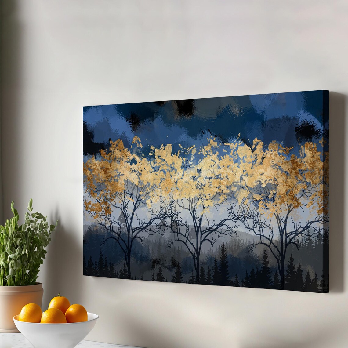 Midnight Blue Forest Golden Trees Dark Modern Abstract Nature Art Print
