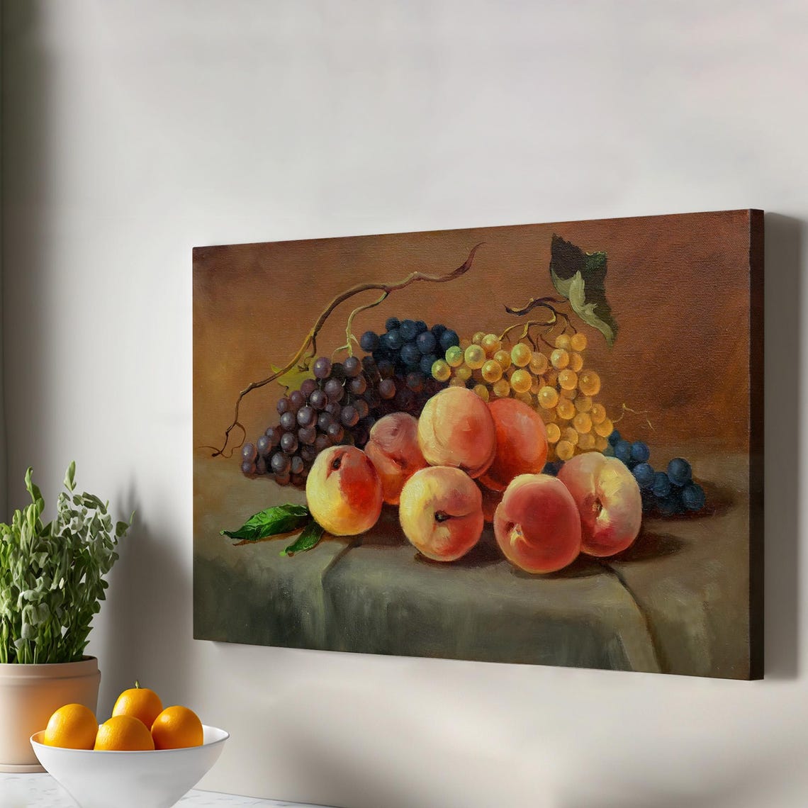Peaches and Grapes Classic Still Life Fruit Oil Painting Style Poster