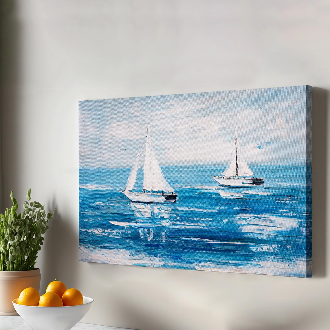 White Sailboats On Blue Ocean Waves Impressionist Oil Painting Wall Art
